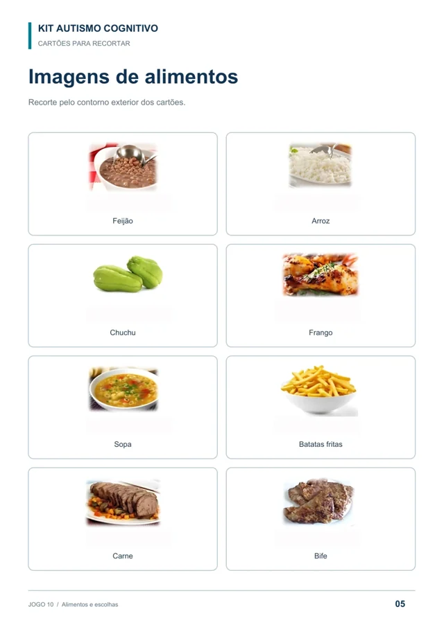 Página real do jogo Alimentos e escolhas, incluída no Kit Autismo Cognitivo