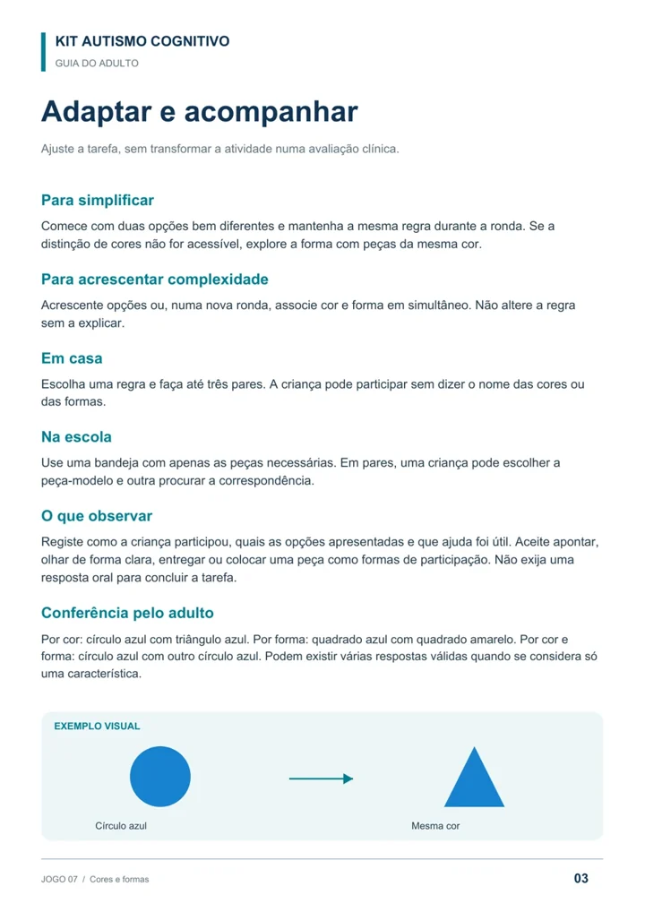 Guia real de Cores e formas com adaptações e exemplo visual de associação pela cor