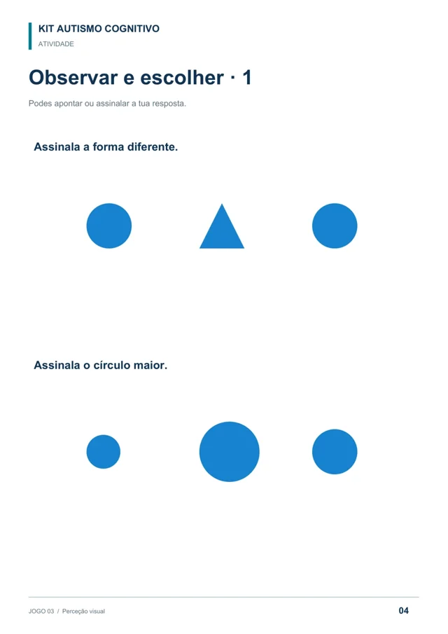 Página real do jogo Perceção visual, incluída no Kit Autismo Cognitivo